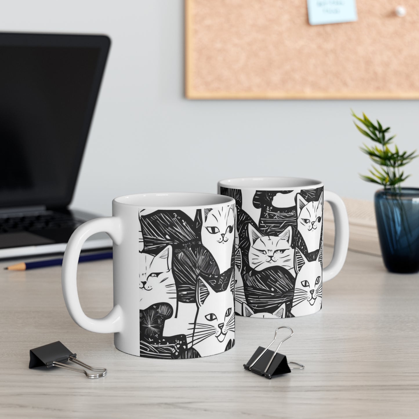 11oz White Mug cats black&white
