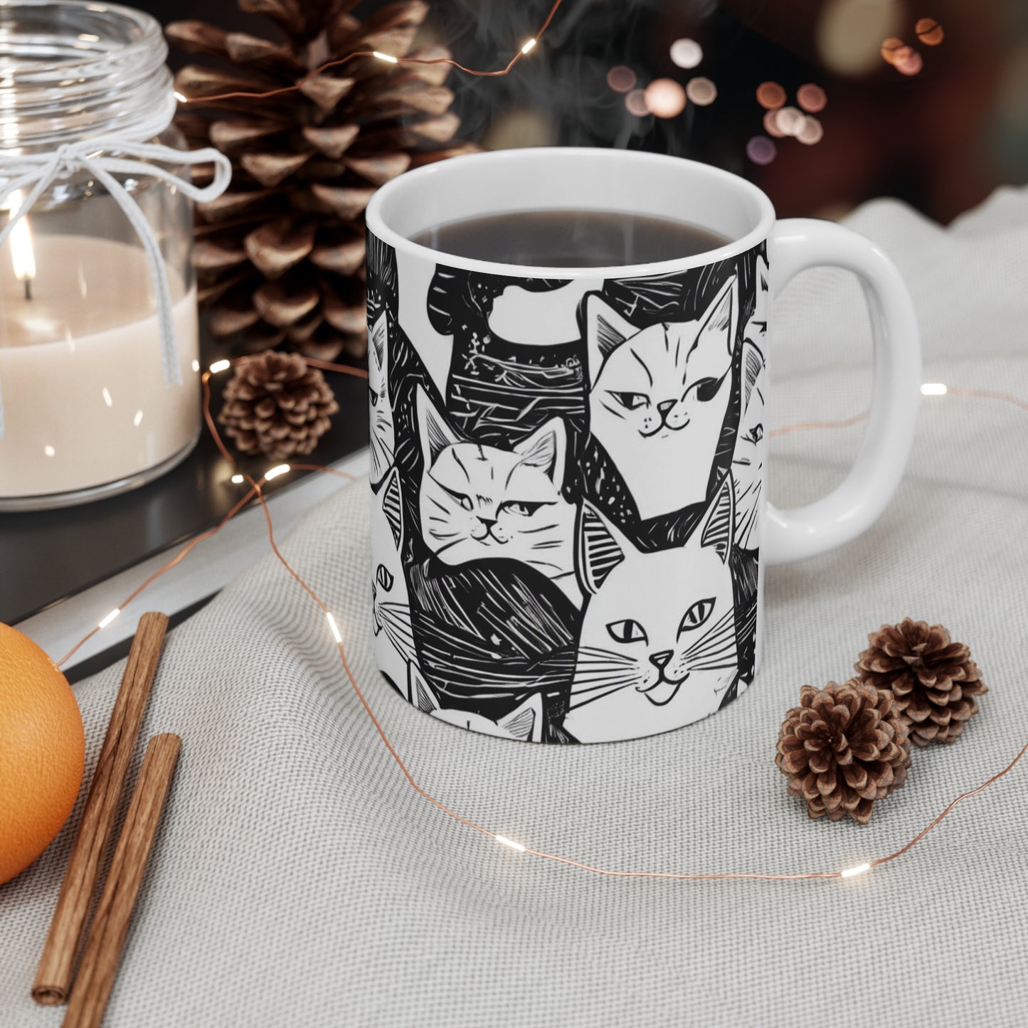 11oz White Mug cats black&white